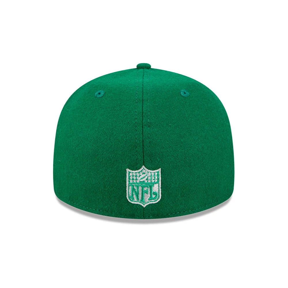 Eagles NFL Historic Arch Green Retro Crown New Era 59FIFTY Fitted Cap, rear view showing the white embroidered NFL shield logo at the centre of the back panels, set against the green structured crown with matching green eyelets.
