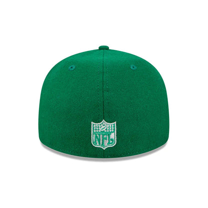 Eagles NFL Historic Arch Green Retro Crown New Era 59FIFTY Fitted Cap, rear view showing the white embroidered NFL shield logo at the centre of the back panels, set against the green structured crown with matching green eyelets.