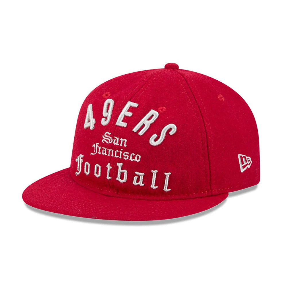 San Francisco 49ers NFL Historic Arch Red Retro Crown New Era 59FIFTY Fitted Cap, three-quarter view showing raised white embroidered 49ERS San Francisco Football lettering on the red front panel, with a matching red flat visor.