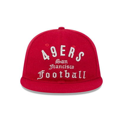San Francisco 49ers NFL Historic Arch Red Retro Crown New Era 59FIFTY Fitted Cap, front view showing raised white 49ERS embroidery, San Francisco Football text in the centre, and a matching red curved visor beneath the crown.