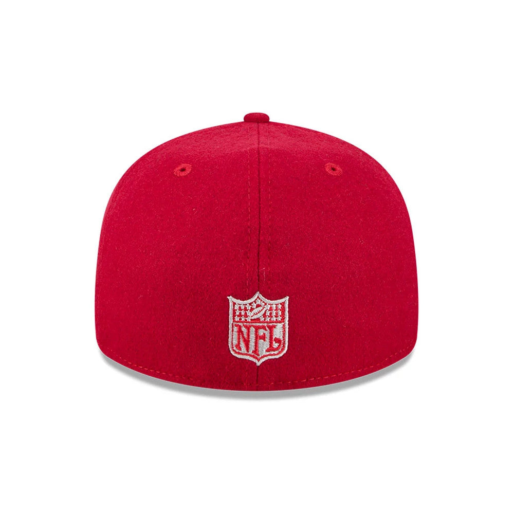 San Francisco 49ers NFL Historic Arch Red Retro Crown New Era 59FIFTY Fitted Cap, rear view showing the white embroidered NFL Shield logo centred on the back panels, with a structured red crown and matching top button.