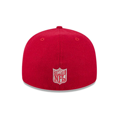 San Francisco 49ers NFL Historic Arch Red Retro Crown New Era 59FIFTY Fitted Cap, rear view showing the white embroidered NFL Shield logo centred on the back panels, with a structured red crown and matching top button.