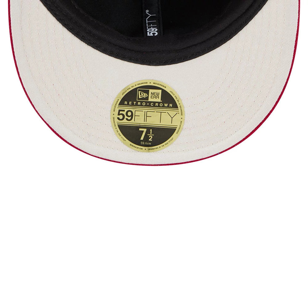 San Francisco 49ers NFL Historic Arch Red Retro Crown New Era 59FIFTY Fitted Cap, inside view showing black tape with white 59FIFTY lettering, a black sweatband, a white undervisor, and a central gold 59FIFTY size sticker.