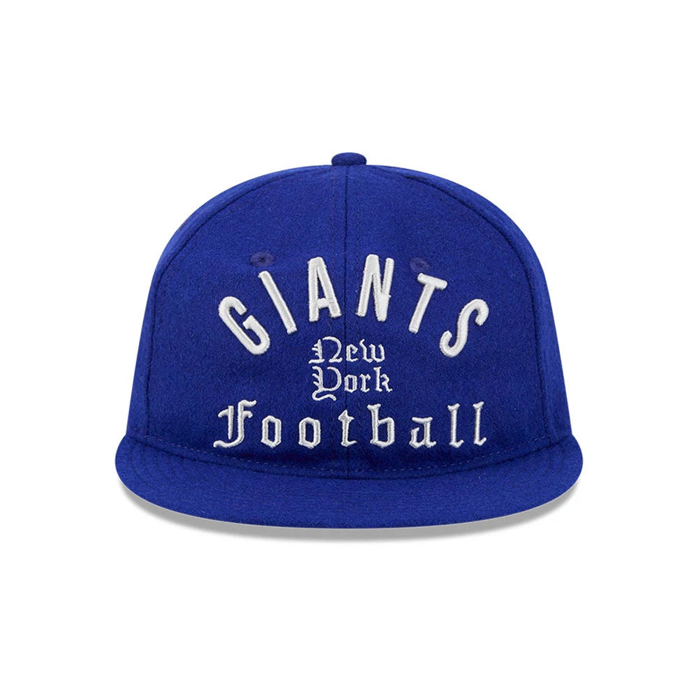 Giants NFL Historic Arch Dark Blue New Era Retro Crown 59FIFTY Fitted Cap, front view showing raised white embroidered Giants New York Football lettering prominently on the structured dark blue crown, with a top button and eyelets.