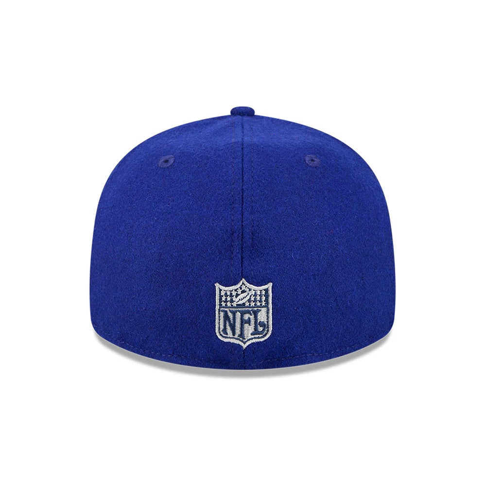 Giants NFL Historic Arch Dark Blue Retro Crown New Era 59FIFTY Fitted Cap, rear view showing the silver embroidered NFL logo at the centre of the back panels, with a structured dark blue crown and matching top button.