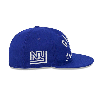 Giants NFL Historic Arch Dark Blue Retro Crown New Era 59FIFTY Fitted Cap, side view showing the white embroidered NY logo on the left side, the structured dark blue crown with eyelets, and the matching flat visor.