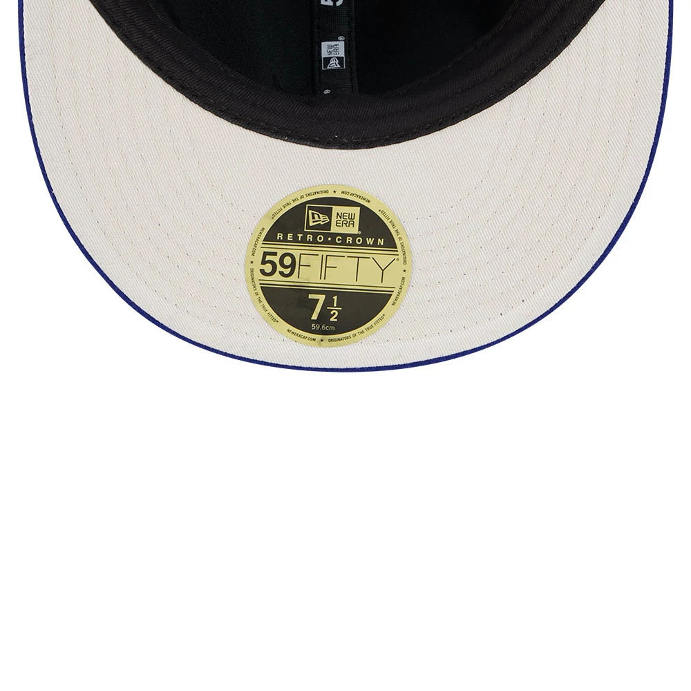 Giants NFL Historic Arch Dark Blue Retro Crown New Era 59FIFTY Fitted Cap, inside view showing a black sweatband, cream undervisor with blue trim, gold 59FIFTY size sticker at the centre, and New Era taping on the seams.