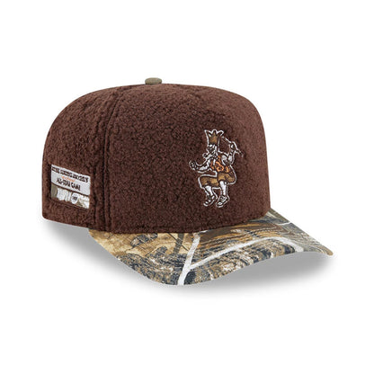Boston Celtics NBA Hardwood Classic Brown New Era 59FIFTY A-Frame Fitted Cap, three-quarter view showing the embroidered Celtics logo on the front panel, a multi-coloured camouflage visor, and a textured fabric design with a patch on the side.