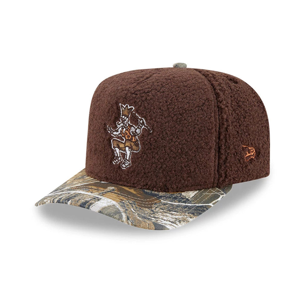Boston Celtics NBA Hardwood Classic Brown New Era 59FIFTY A-Frame Fitted Cap, front view showing the raised embroidered mascot logo on the brown textured crown, with a camouflage pattern visor and the New Era flag logo on the left side.