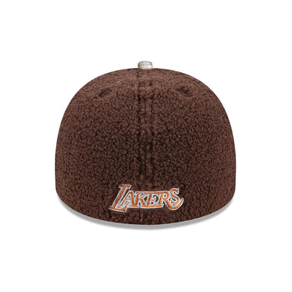 LA Lakers NBA Hardwood Classic Brown New Era 59FIFTY A-Frame Fitted Cap, rear view showing the brown textured crown with the NBA logo embroidered in white and brown on the lower edge, and matching top button.