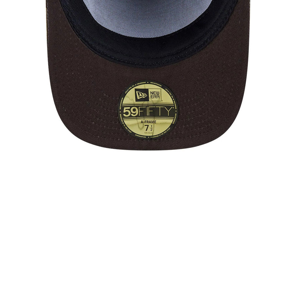 LA Lakers NBA Hardwood Classic Brown New Era 59FIFTY A-Frame Fitted Cap, inside view showing the light grey undervisor, black sweatband, and the gold 59FIFTY size sticker centred on the brown flat visor.