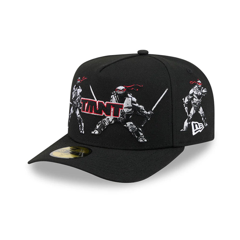Teenage Mutant Ninja Heroes Black New Era 59FIFTY A-Frame Fitted Cap, front view showing the red and white embroidered TMNT logo on the front panel with detailed character graphics, a black curved visor, and a gold 59FIFTY size sticker.