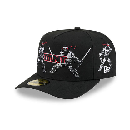 Teenage Mutant Ninja Heroes Black New Era 59FIFTY A-Frame Fitted Cap, front view showing the red and white embroidered TMNT logo on the front panel with detailed character graphics, a black curved visor, and a gold 59FIFTY size sticker.