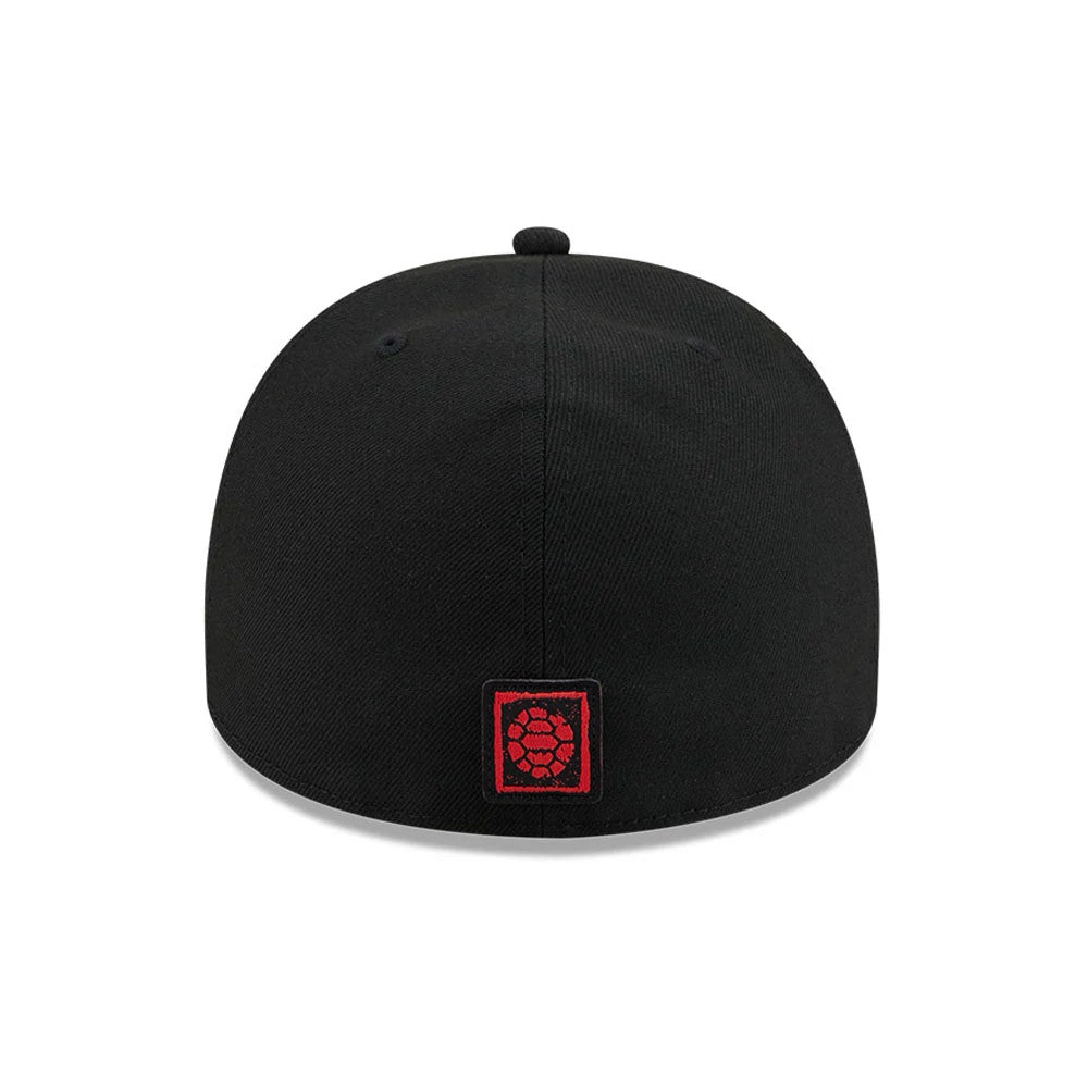 Teenage Mutant Ninja Heroes Black New Era 59FIFTY A-Frame Fitted Cap, rear view showing a red turtle shell graphic embroidered in a square patch at the centre of the back panels, with a structured black crown and a top button.