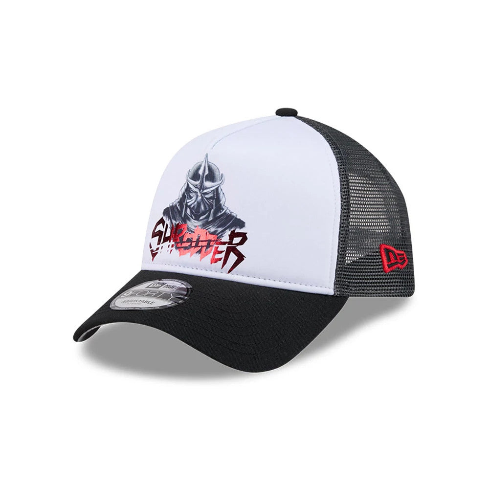 TMNT Splinter White & Black New Era 9FORTY A-Frame Trucker Adjustable Cap, three-quarter view showing the Shredder graphic with red lettering on the white front panel, a black pre-curved visor with a 9FORTY size sticker.