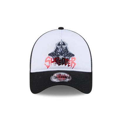 TMNT Splinter White & Black New Era 9FORTY A-Frame Trucker Adjustable Cap, front view showing a grey Shredder graphic with red lettering on the white front panel, contrasted by a black visor with a 9FORTY size sticker.
