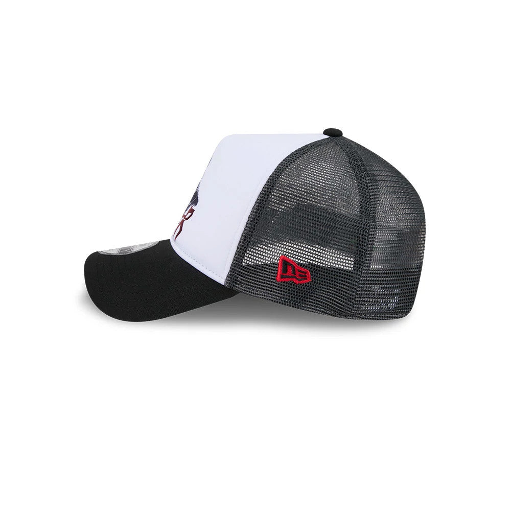 TMNT Splinter White & Black New Era 9FORTY A-Frame Trucker Adjustable Cap, side view showing the red New Era flag logo on the black mesh panels, structured white front, and black curved visor with a 9FORTY size sticker on top.