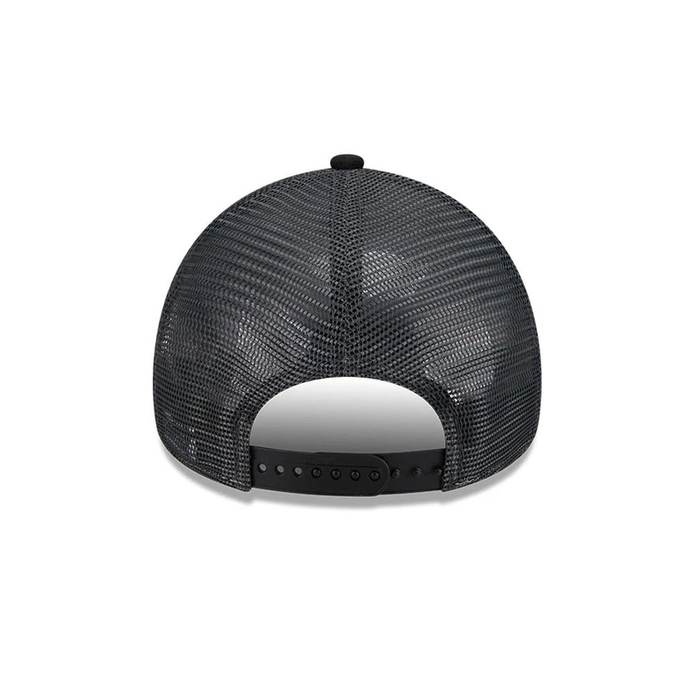 TMNT Splinter White & Black New Era 9FORTY A-Frame Trucker Adjustable Cap, rear view displaying the open mesh pattern on the black back panels, the top button, and the adjustable black snap closure at the base.