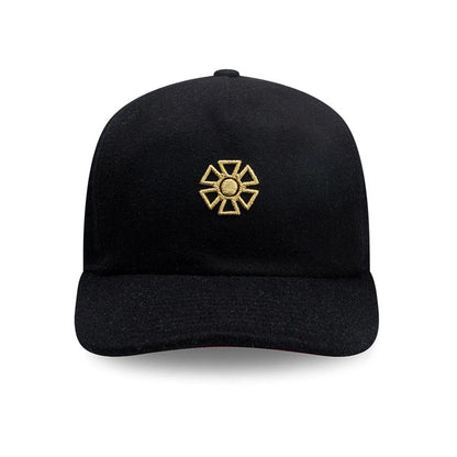 New Era X Omerta Balvin Black 19TWENTY Adjustable Cap, inside view showing the burgundy undervisor with stitching, black interior sweatband, and labelled taping along the headband reading New Era and 19TWENTY.