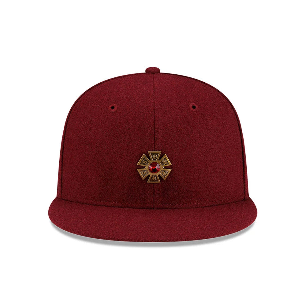 Pictured is this New Era X J Balvin & Ryan Castro Omerta New Era 59FIFTY Fitted cap in dark red. 2