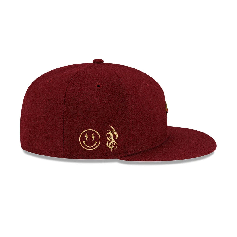 Pictured is this New Era X J Balvin & Ryan Castro Omerta New Era 59FIFTY Fitted cap in dark red. 4