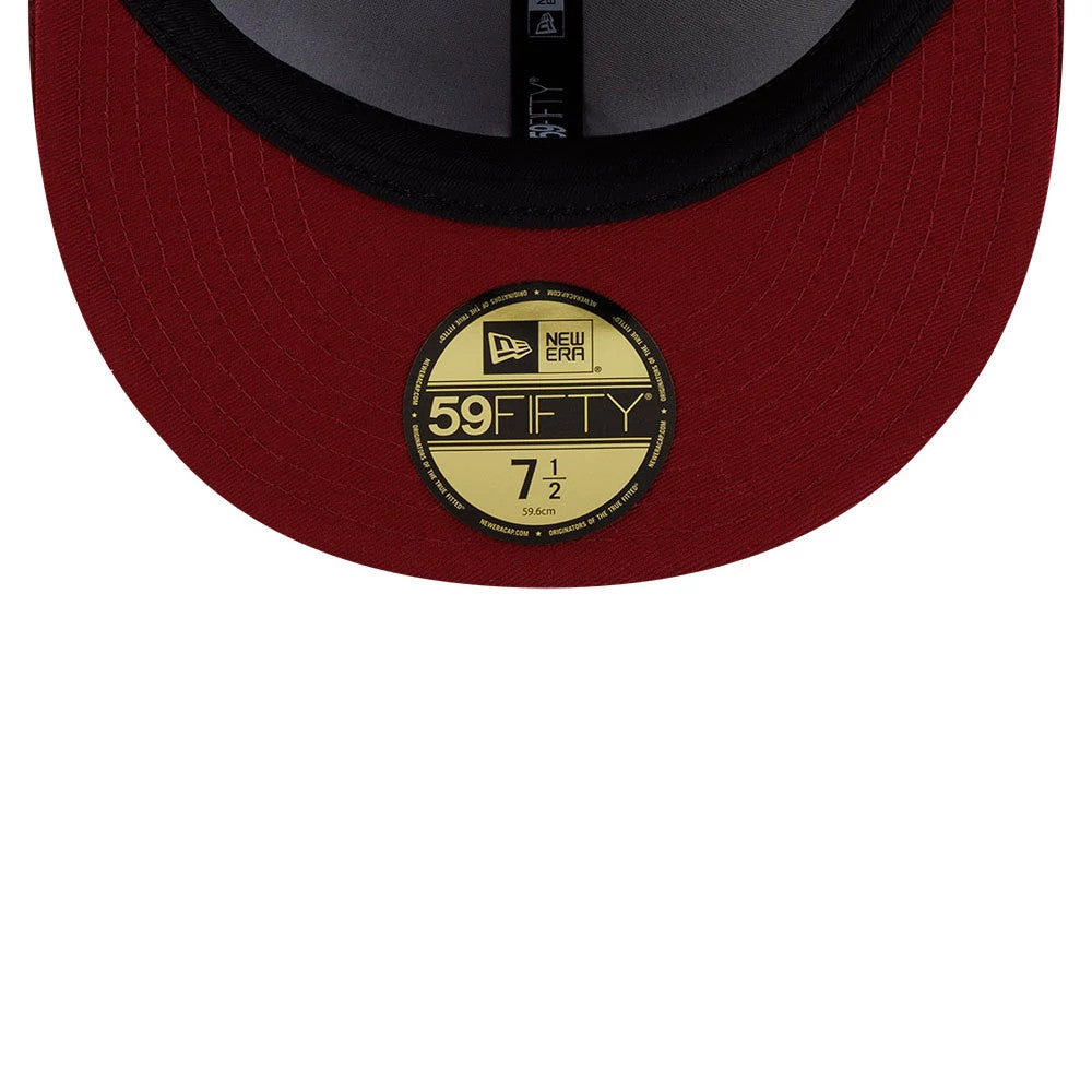 Pictured is this New Era X J Balvin & Ryan Castro Omerta New Era 59FIFTY Fitted cap in dark red. 7