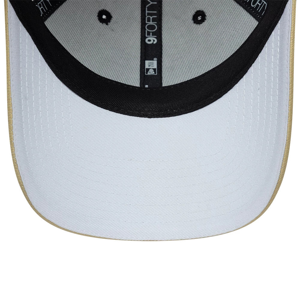 Red Bull Racing Abu Dhabi Race Special White New Era 9FORTY Adjustable Cap, inside view showing the white undervisor, black sweatband with 9FORTY tag, and contrasting black stitch eyelets on the structured white fabric crown.