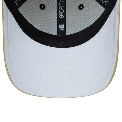 Red Bull Racing Abu Dhabi Race Special White New Era 9FORTY Adjustable Cap, inside view showing the white undervisor, black sweatband with 9FORTY tag, and contrasting black stitch eyelets on the structured white fabric crown.