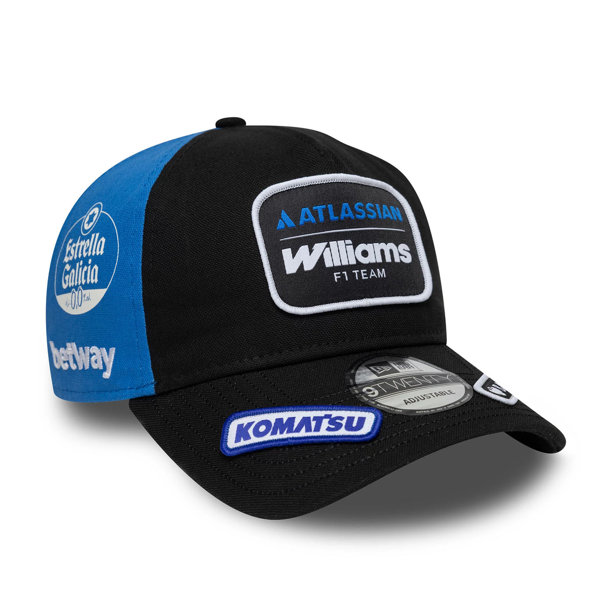 Williams Alex Albon Vegas Race Special Black New Era 9TWENTY A-Frame Adjustable Cap, three-quarter view showing the embroidered Williams F1 Team logo on the front panel, blue side panels with Estrella Galicia logo, and black visor with Komatsu patch.