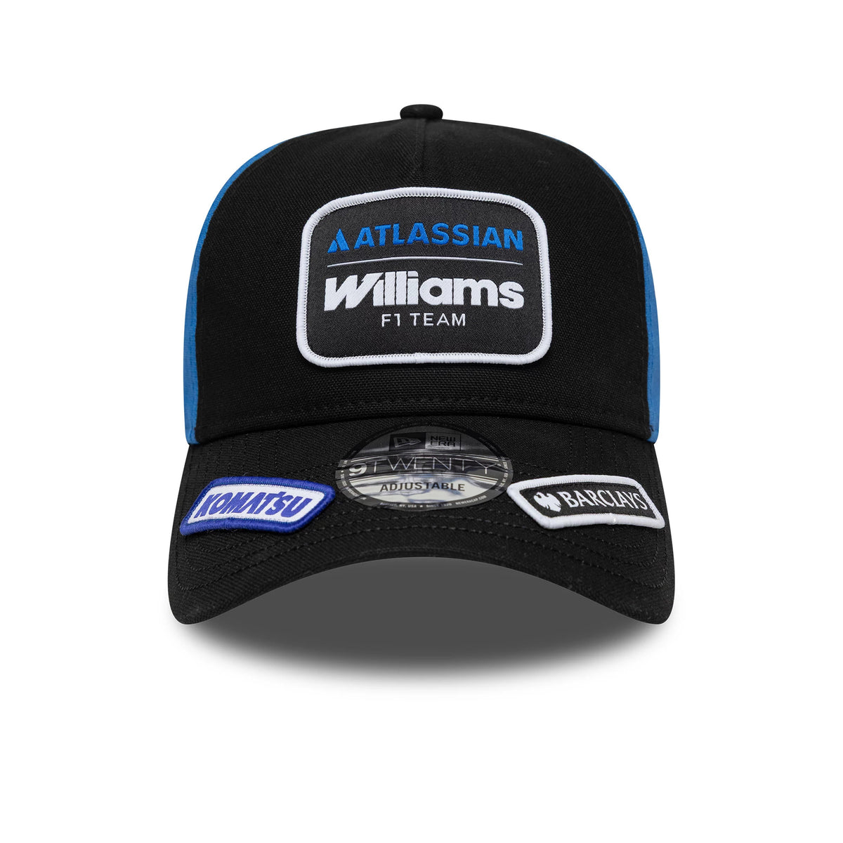 Williams Carlos Sainz Vegas Race Special Black New Era 9TWENTY A-Frame Adjustable Cap, front view showing the embroidered Atlassian Williams F1 Team logo on the crown, a black visor with a 9TWENTY size sticker, and Komatsu and Barclays patches.
