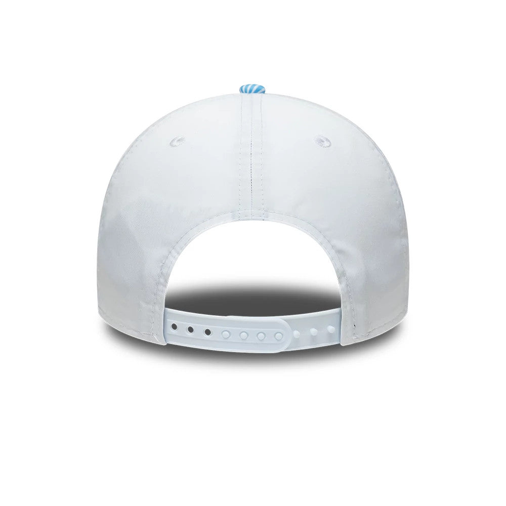 Williams Spain Race Special Blue New Era 9FORTY Adjustable Cap, rear view showing a light blue and white striped top button, a curved white rear arch, and an adjustable snapback strap with multiple size options for a custom fit.