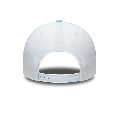 Williams Spain Race Special Blue New Era 9FORTY Adjustable Cap, rear view showing a light blue and white striped top button, a curved white rear arch, and an adjustable snapback strap with multiple size options for a custom fit.