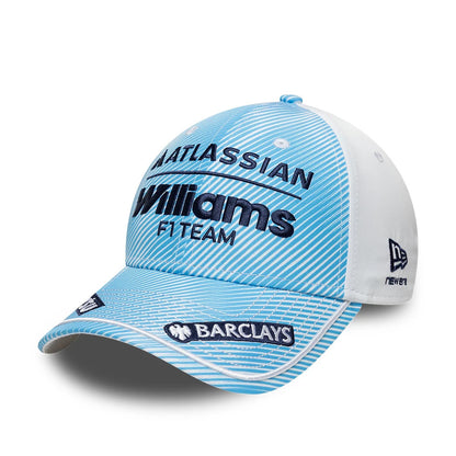 Williams Spain Race Special Blue New Era 9FORTY Adjustable Cap, front view showing navy embroidered Atlassian and Williams F1 Team logos on a blue and white striped front panel, with a white Barclays logo patch on the blue curved visor.