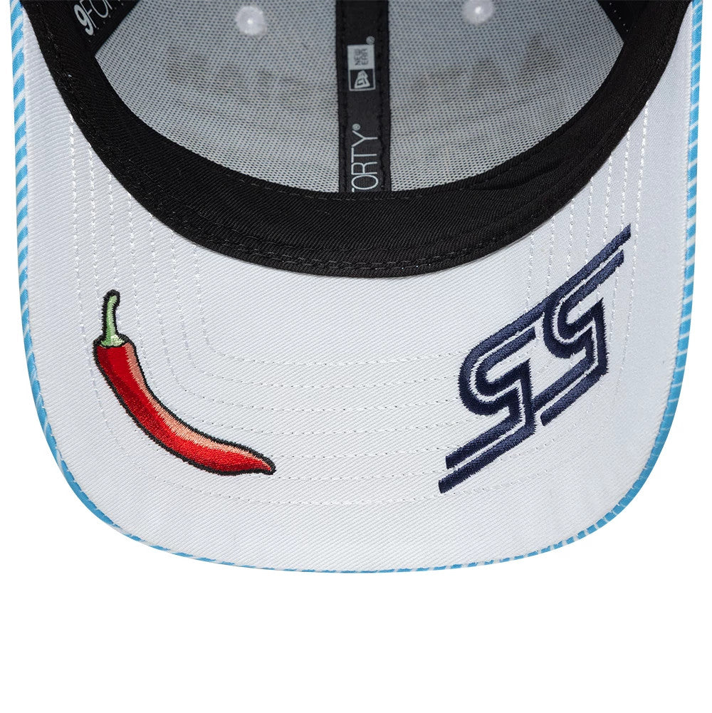 Williams Carlos Sainz Spain Race Special Blue New Era 9FORTY Adjustable Cap, inside view showing the black sweatband, embroidered red chilli graphic and SS logo on the white undervisor, with black taping along the crown panels.