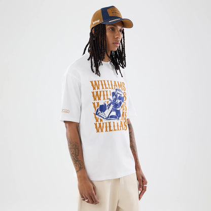 The model is wearing this Williams Austin Race Special Graphic Oversized T-Shirt in white. 6