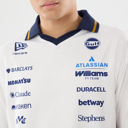 New Era Williams Spain Race Special White T-Shirt, front view on a model showcasing a white shirt with a navy collar and embroidered New Era logo on the right chest, various sponsor logos printed across the front including Gulf, Williams F1 Team.