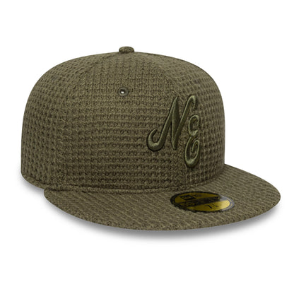 New Era Knitted Green 59FIFTY Fitted Cap, front view showing the raised embroidered NE logo in green on the front panel, coordinated with a matching green flat visor and featuring the gold 59FIFTY size sticker on top.