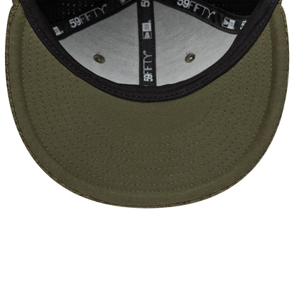 New Era Knitted Green 59FIFTY Fitted Cap, inside view showing a green undervisor with detailed stitching, black 59FIFTY branded taping along the seams, and a black sweatband inside the structured crown.