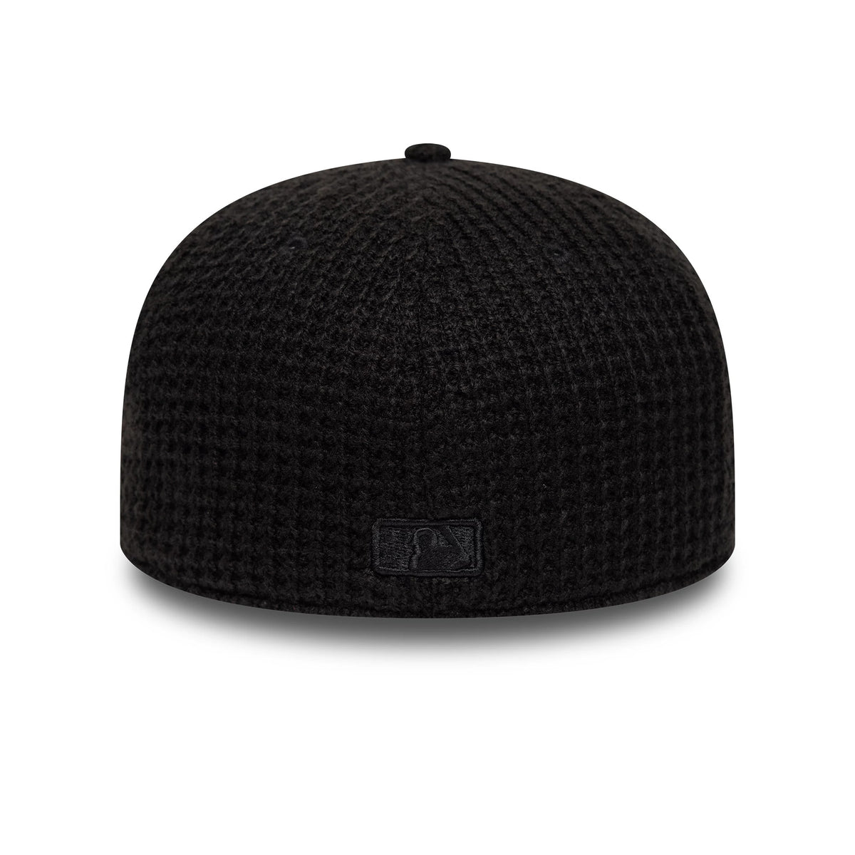 Chicago White Sox MLB Knitted Black New Era 59FIFTY Fitted Cap, rear view showing the black embroidered MLB Batterman logo at the centre of the back panels, with a textured knitted black crown and a seamless design.