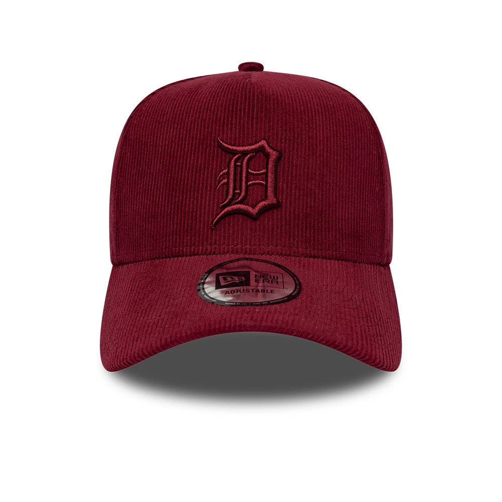 Detroit Tigers MLB Entry Cord Dark Red New Era 9FORTY E-Frame Adjustable Cap, front view showing the raised embroidered dark red Tigers logo on the crown, a slightly curved visor, and a 9FORTY size sticker on the visor's centre.
