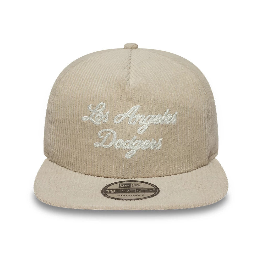 Pictured is this MLB Script Cord LA Dodgers 19TWENTY cap in light beige. 2