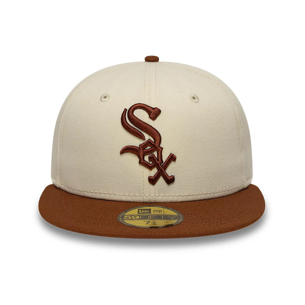 Pictured is this MLB League Essential Chicago White Sox 59FIFTY Fitted cap in cream & brown. 2