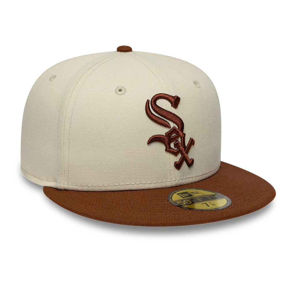 Pictured is this MLB League Essential Chicago White Sox 59FIFTY Fitted cap in cream & brown. 3