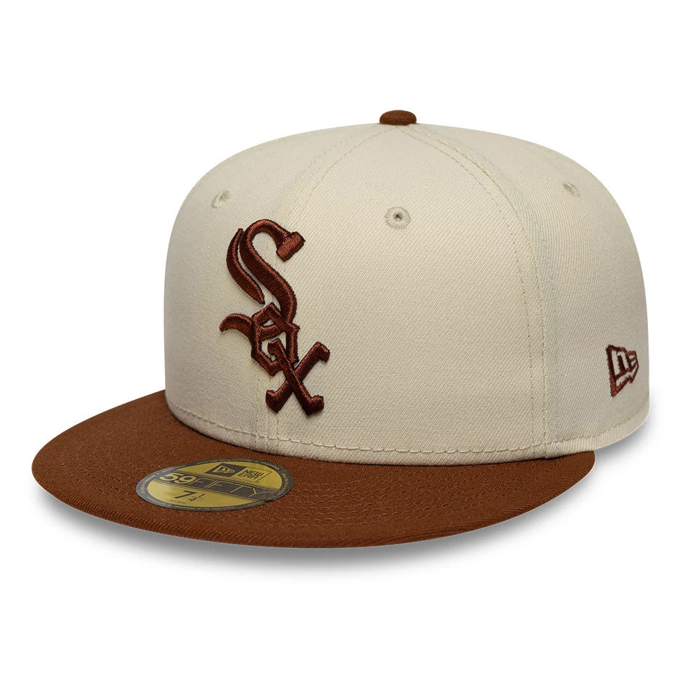 Pictured is this MLB League Essential Chicago White Sox 59FIFTY Fitted cap in cream & brown. 1