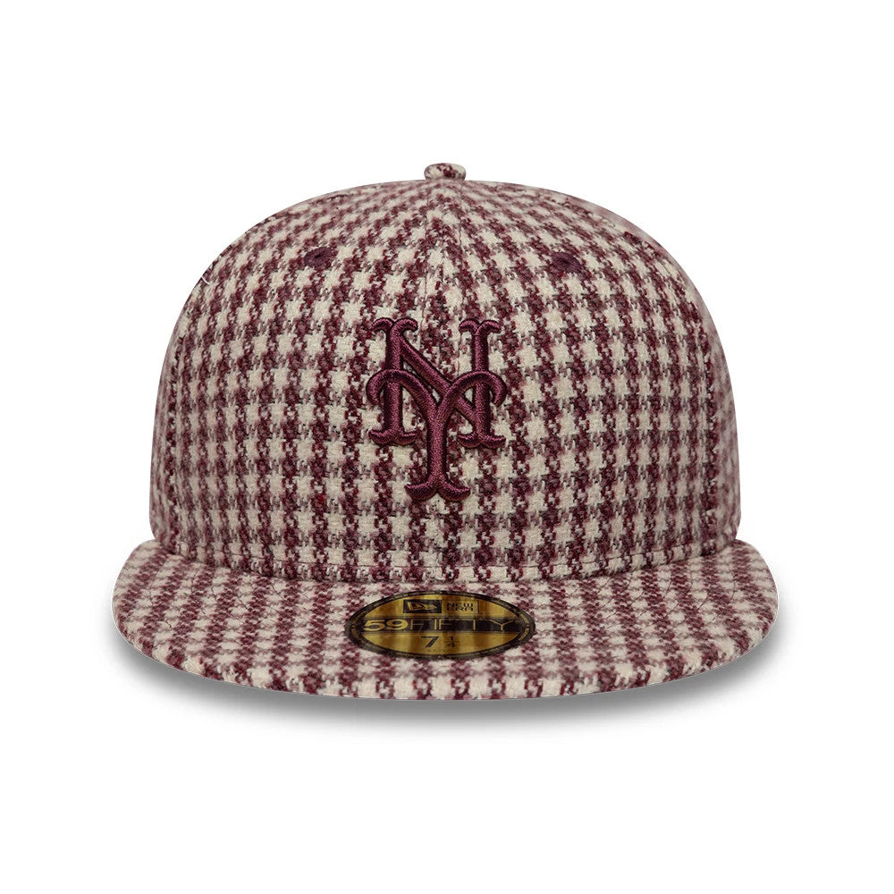 New York Mets MLB Houndstooth Dark Purple New Era 59FIFTY Fitted Cap, front view showing a raised dark purple NY logo embroidered on the front panel, with a matching houndstooth pattern across the structured crown and visor.