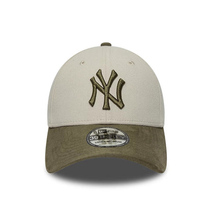 Pictured is this MLB Faux Suede New York Yankees 39THIRTY Stretch Fit cap in light Beige & green. 2