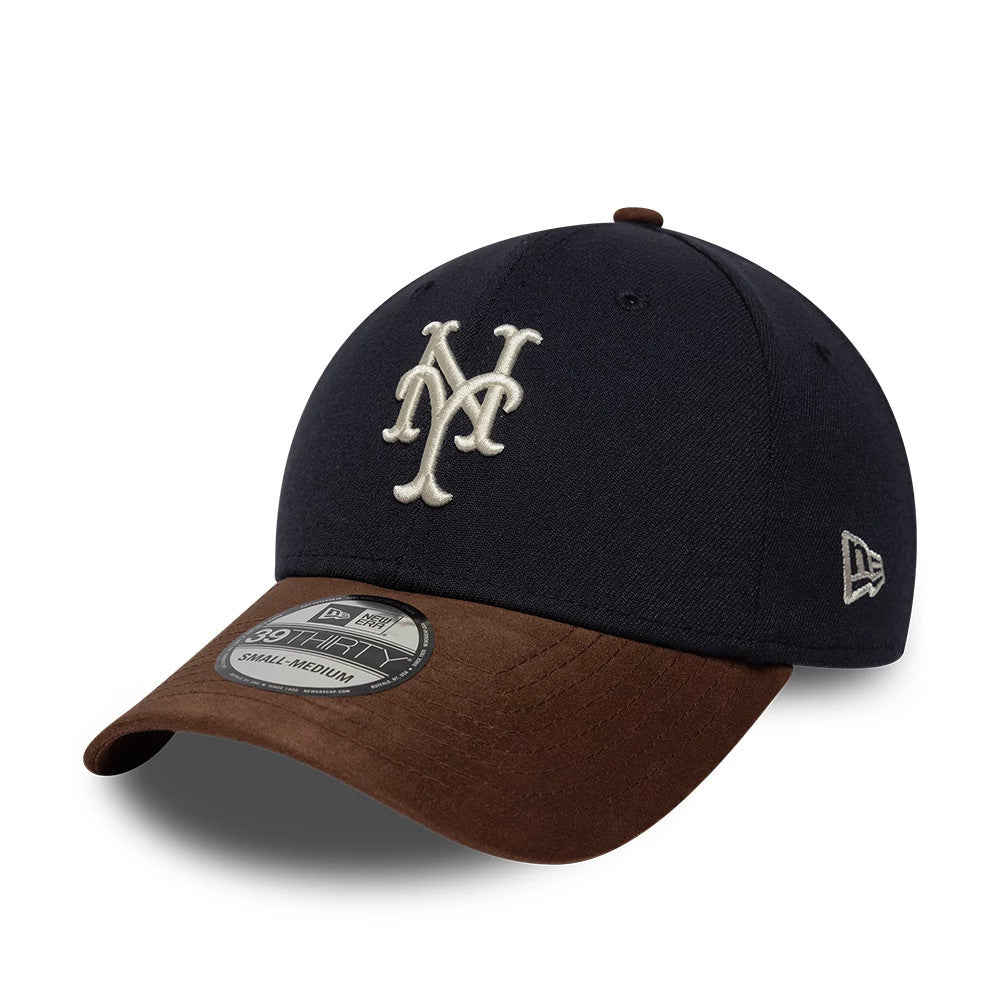 Pictured is this MLB Faux Suede New York Mets 39THIRTY Stretch Fit cap in navy & brown. 1