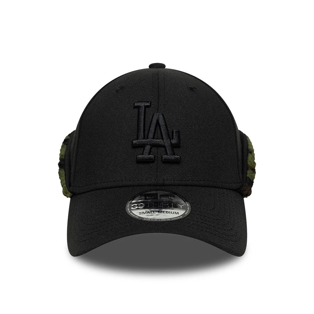 Pictured is this MLB LA Dodgers 39THIRTY Downflap Stretch Fit cap in black. 2