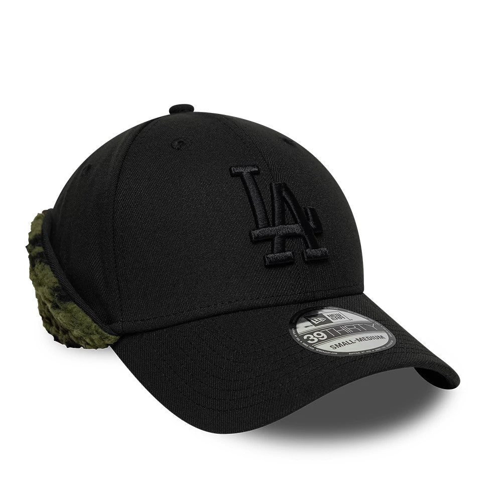 Pictured is this MLB LA Dodgers 39THIRTY Downflap Stretch Fit cap in black. 3