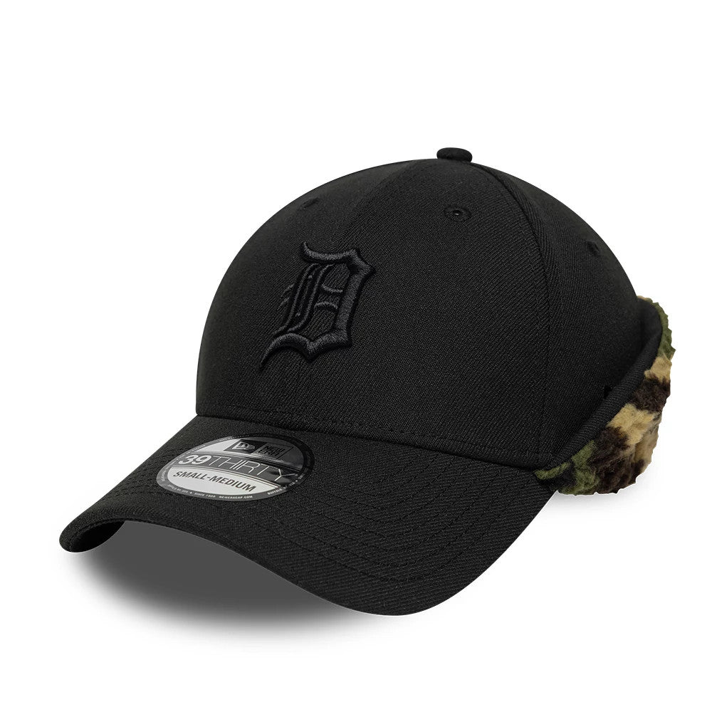 Pictured is this MLB Detroit Tigers 39THIRTY Downflap Stretch Fit cap in black. 1